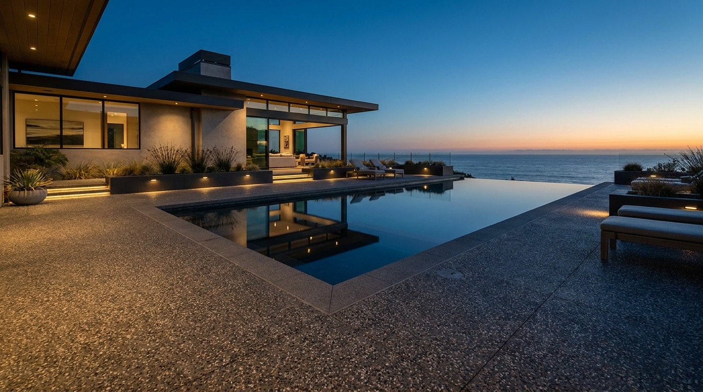 A finished concrete surround and entertaining area at dusk