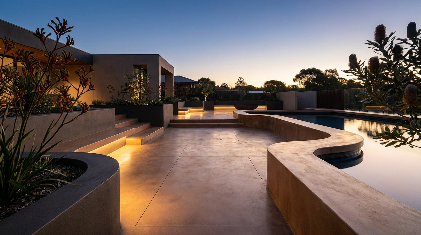 A finished concrete pool surround and entertaining area at dusk