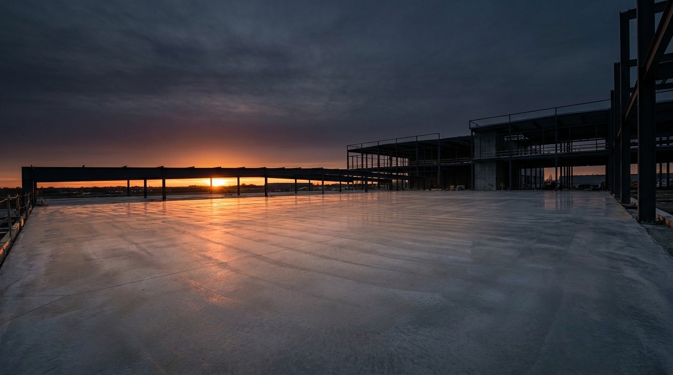 A large finished concrete slab at dusk ready for building