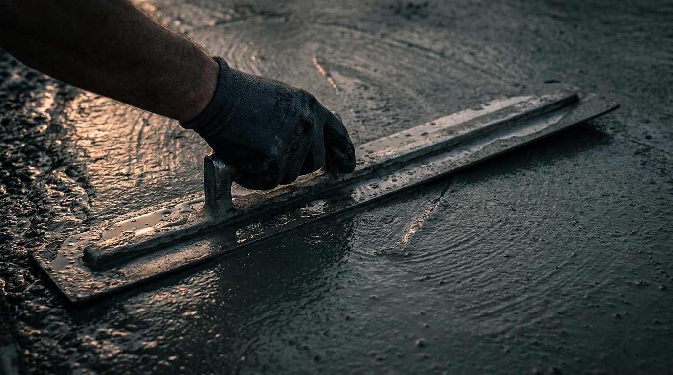 A concreter hand-floating a fresh slab to a smooth, level finish