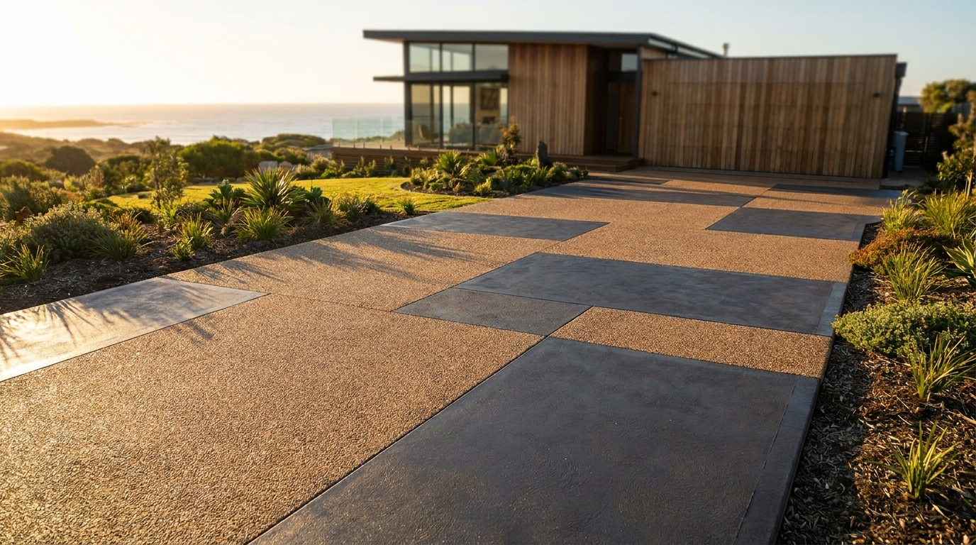 A freshly finished concrete driveway at dusk