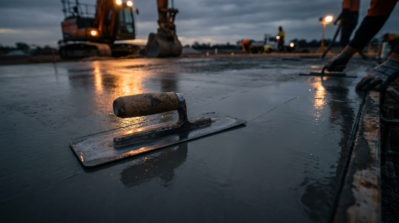 A concreter power-floating a freshly poured slab to a smooth finish