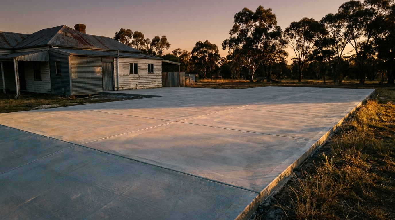 A freshly poured concrete slab being finished at dusk