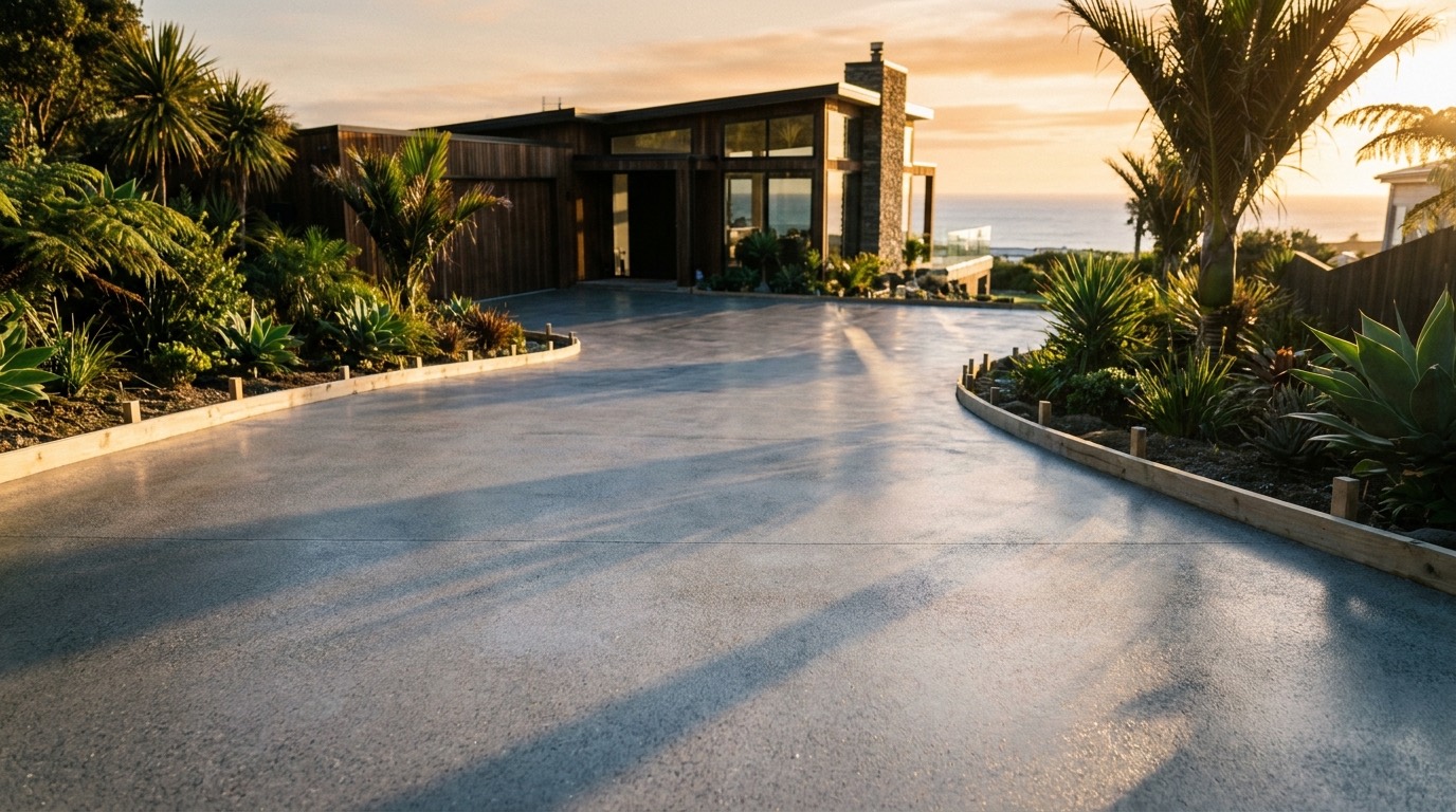 A large finished concrete slab at dusk