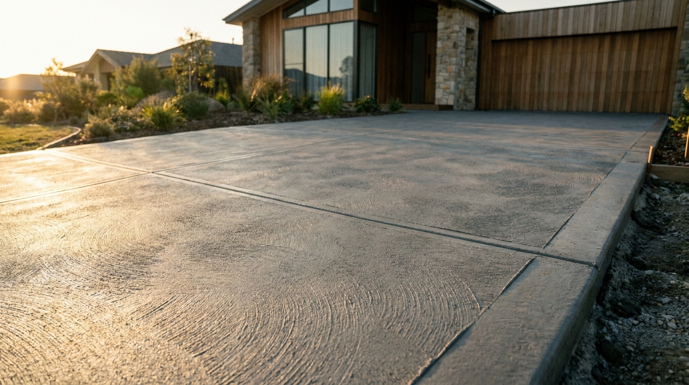 A finished concrete driveway in front of a home
