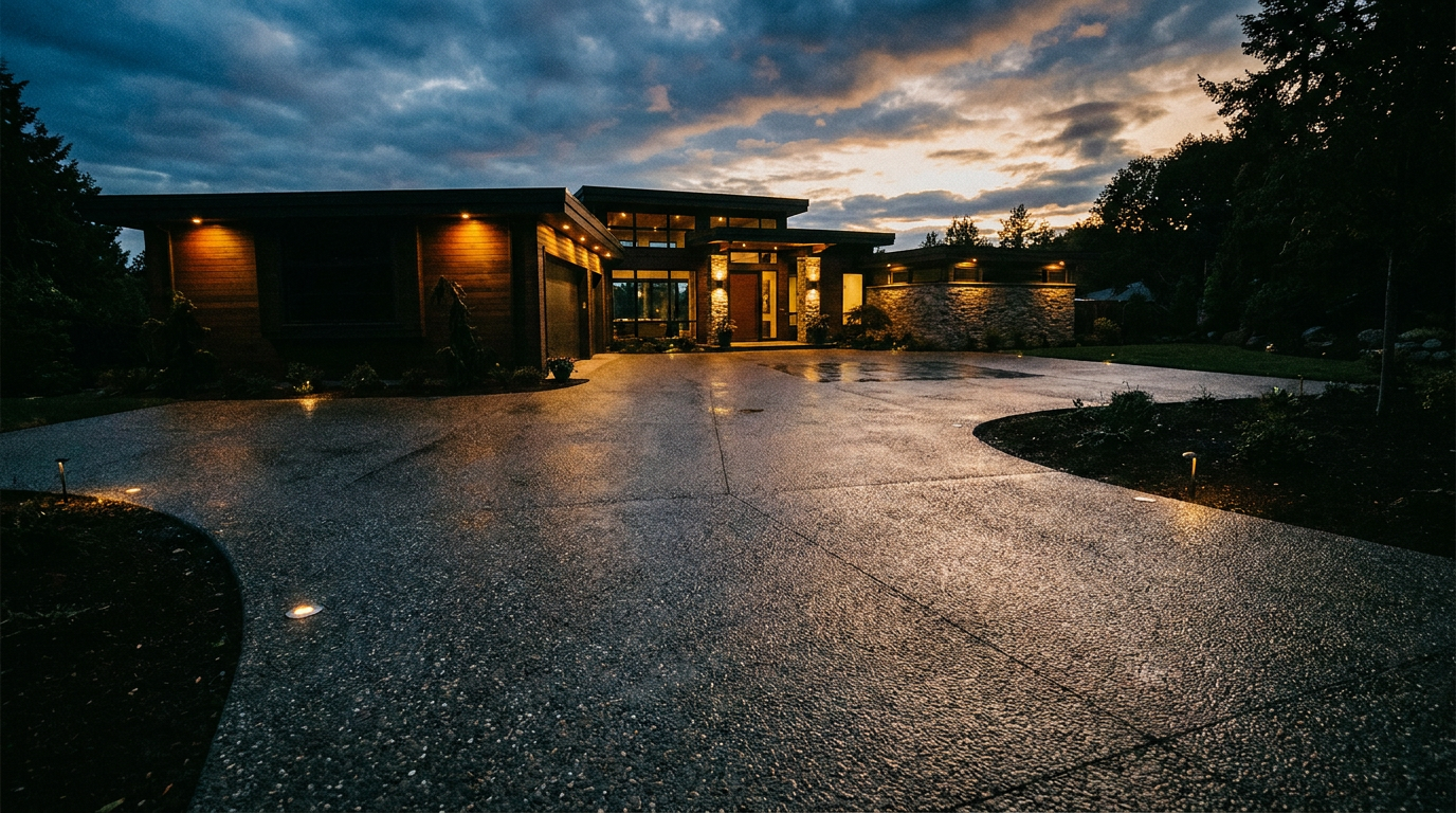 A finished exposed-aggregate concrete driveway at dusk