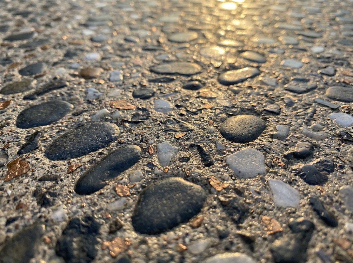 A close-up of an exposed-aggregate concrete finish