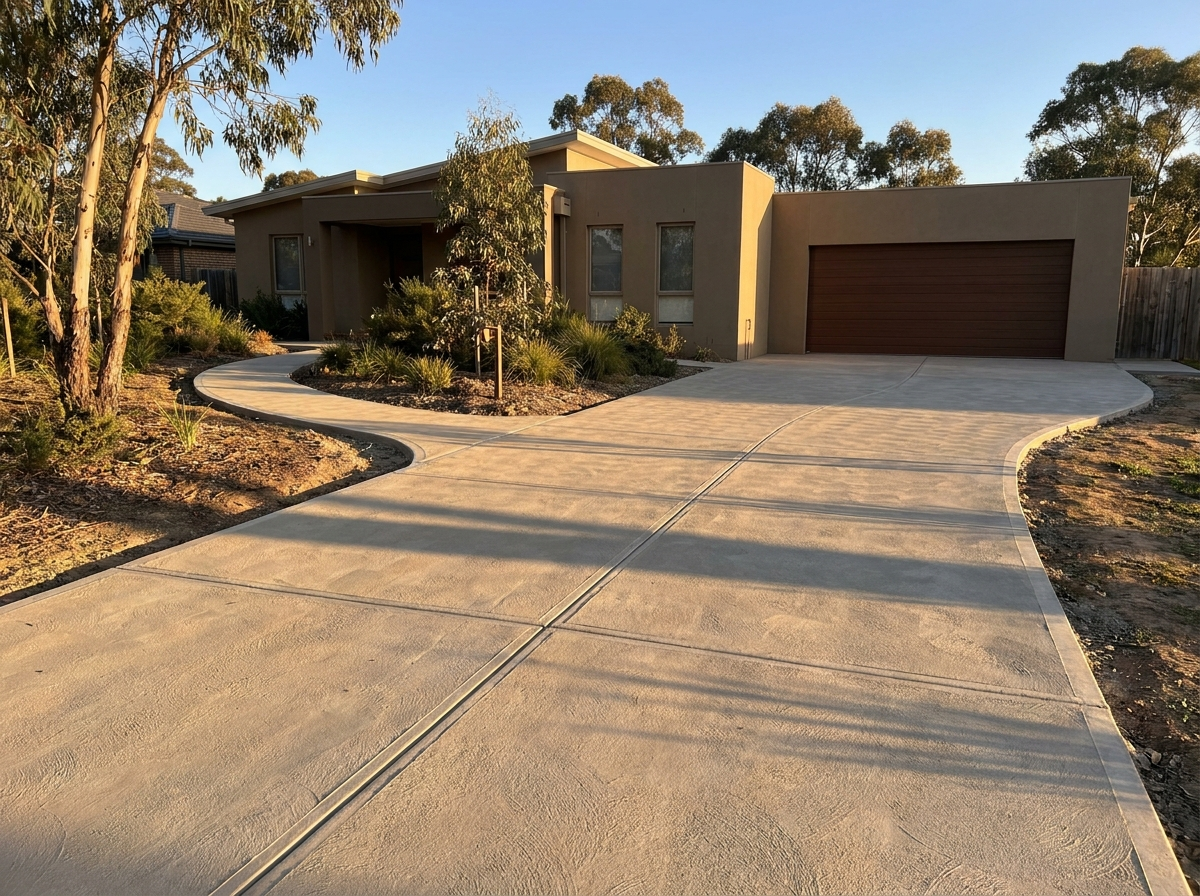 A smooth finished concrete driveway curving up to a home