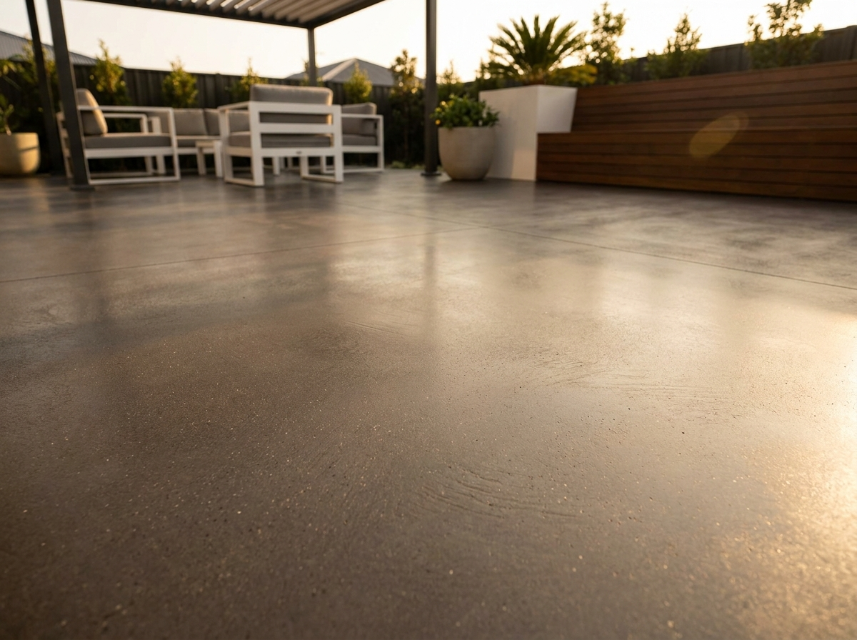 A neat concrete path and patio beside a landscaped garden