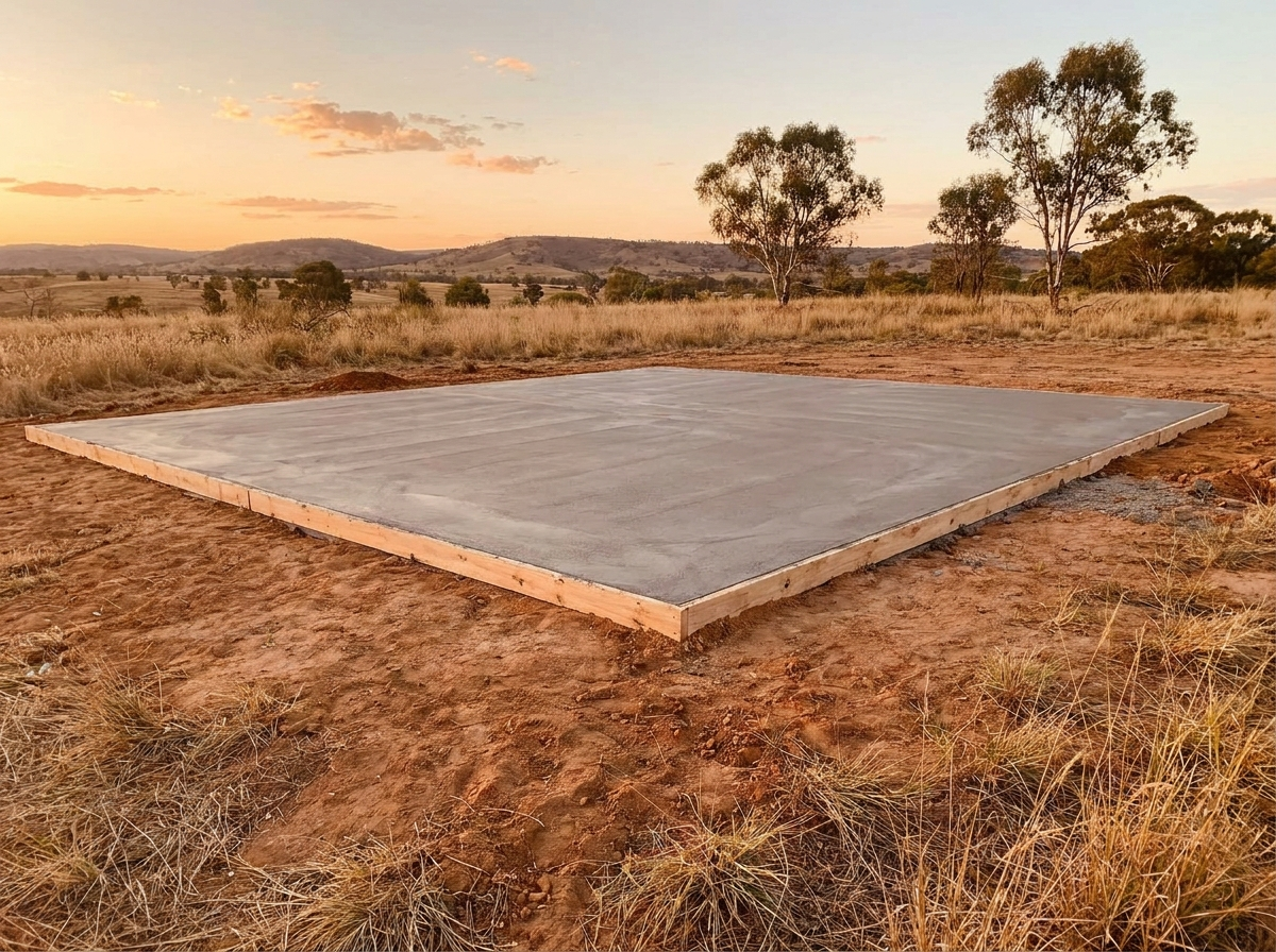 A large steel-reinforced concrete slab poured on a rural block