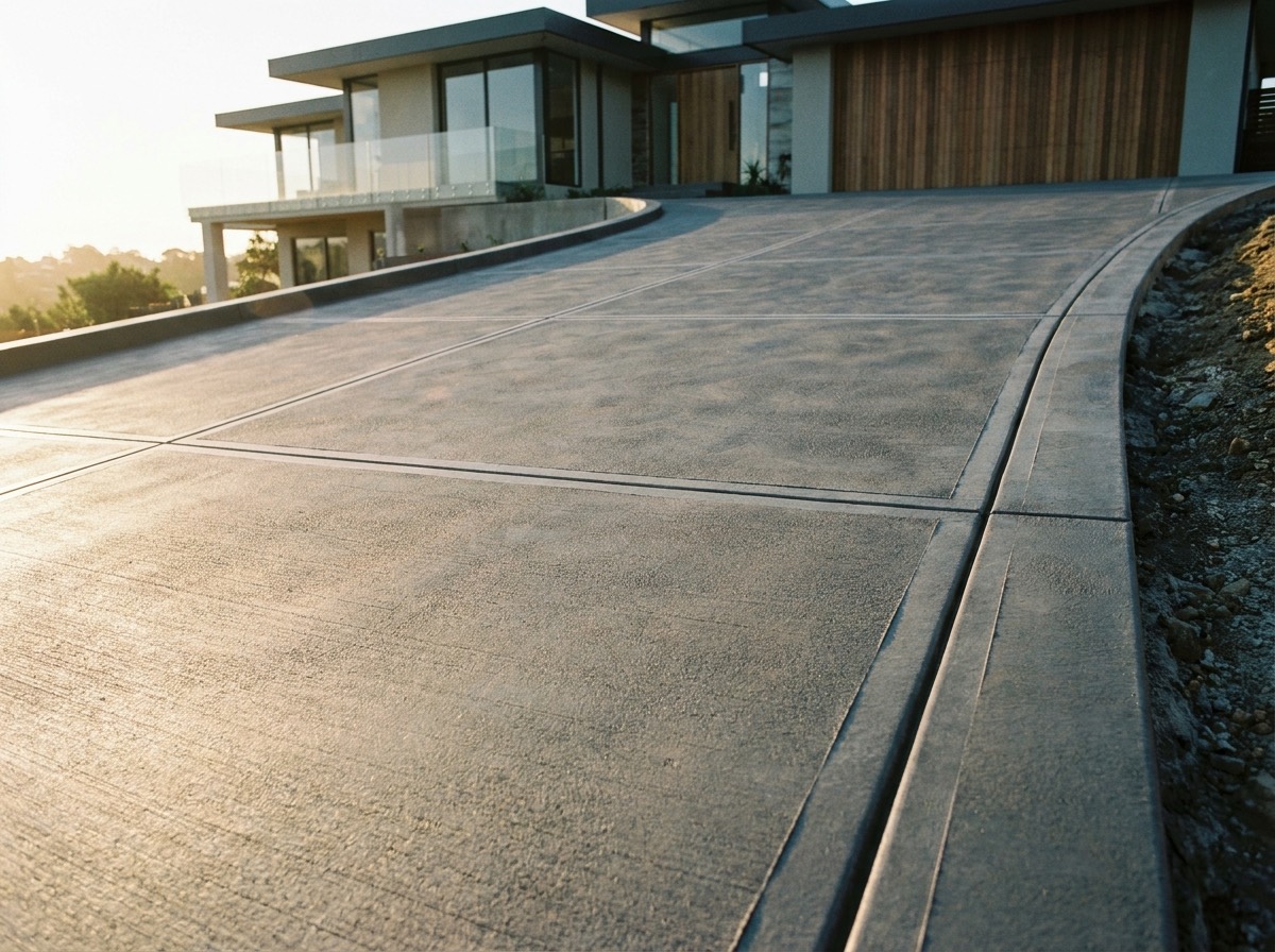 A freshly finished plain concrete driveway