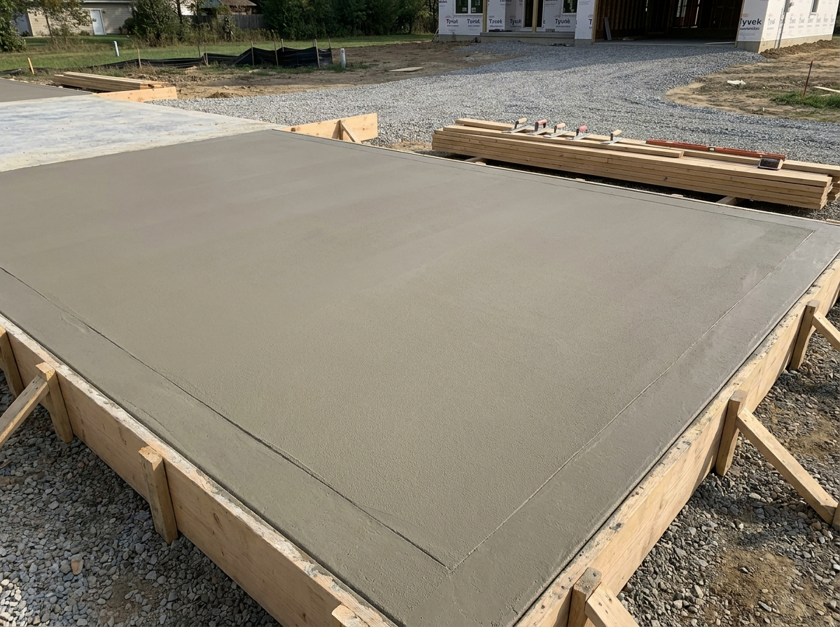 A steel-reinforced concrete house slab formed up ready to pour